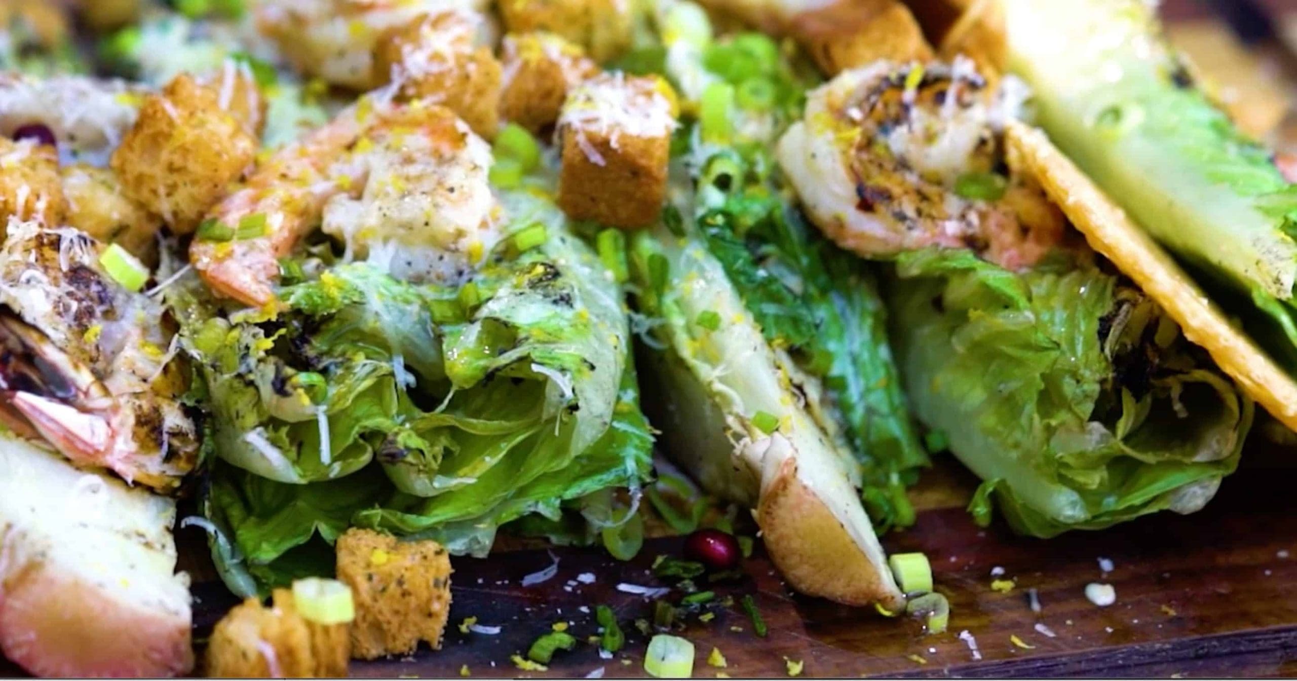 WARM GRILLED MARINATED SHRIMP CAESAR SALAD