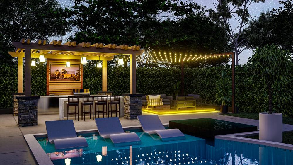 An artist’s 3D render of a backyard bar design concept. An artist’s 3D render of a backyard bar design concept.