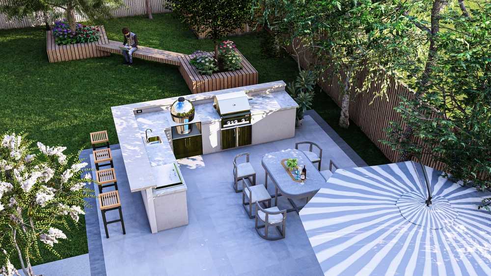 An interior designer utilizes 3D rendering to picture a client’s outdoor kitchen island design idea with XO appliances. An interior designer utilizes 3D rendering to picture a client’s outdoor kitchen island design idea with XO appliances.