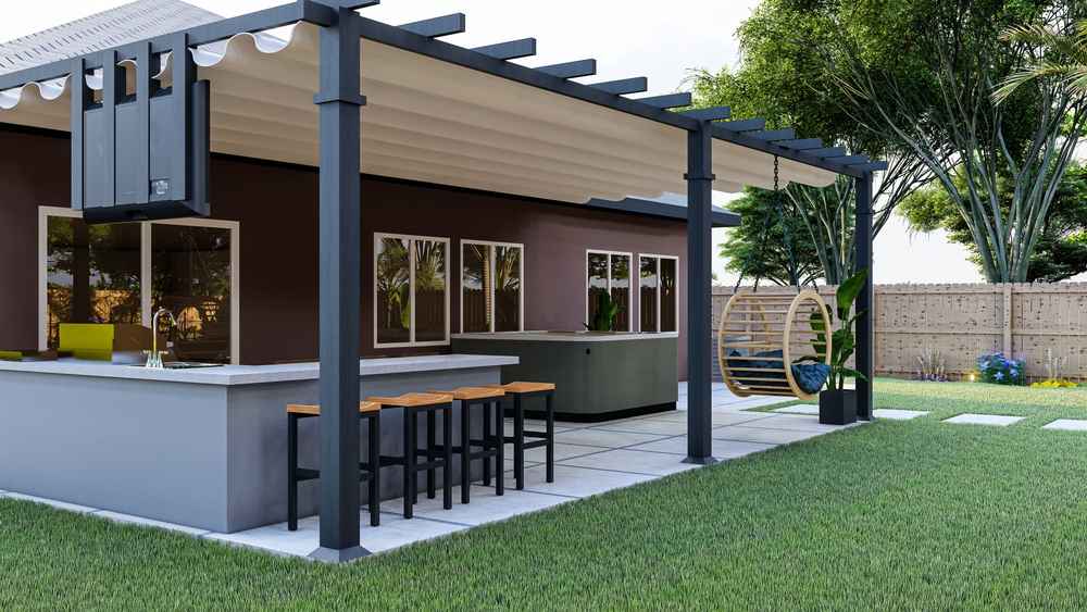 how-to-build-outdoor-cooking-area-FeaturedImage A beautiful designer’s 3D mock up of an outdoor cooking area showcasing the L-shape counter.