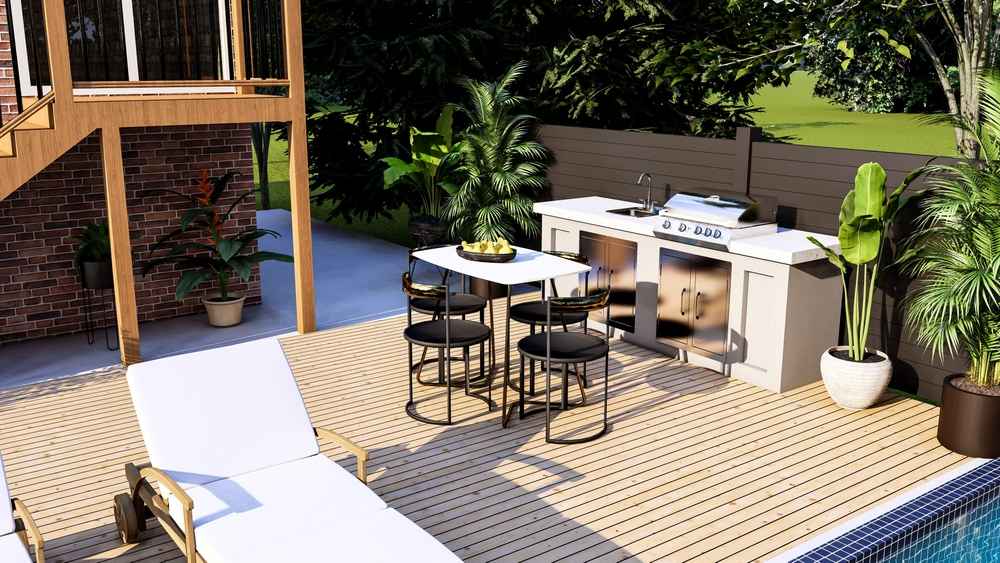 A 3D designer’s mockup of a gorgeous, outdoor cooking area that works with a smaller space